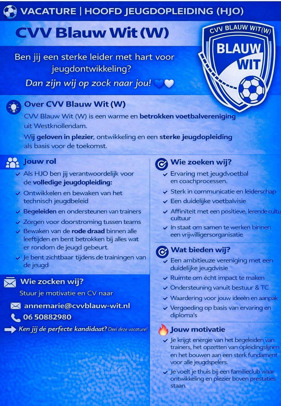 Wij zoeken een nieuwe Hoofd Jeugdopleiding